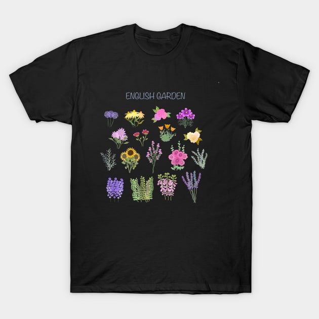 English Cottage Garden on White Background T-Shirt by MarcyBrennanArt